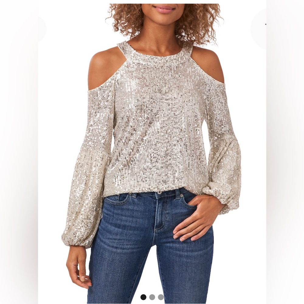 Cece Cold Shoulder Sequined Long Sleeve Women Blouse Top Size L - Picture 2 of 8